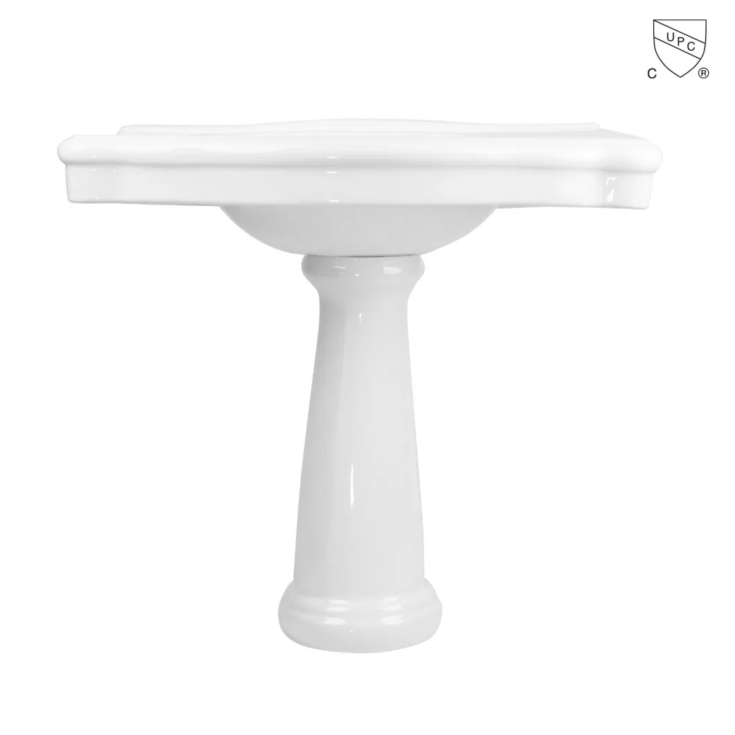 Cupc Certified Traditional Bathroom Design Vanity Ceramic Vitreous China Oversized Glassy White Rectangle Floor-Standing Handmade Pedestal Basin Furniture