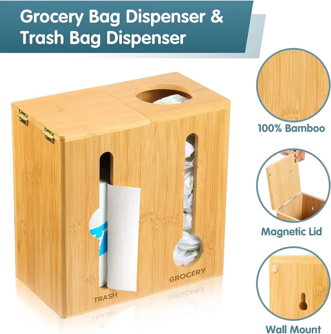 Kitchen Pantry 2 in 1 Plastic Grocery Bag Holder Wall Mounted Bamboo Trash Bag Dispenser for Under Sink Organizers