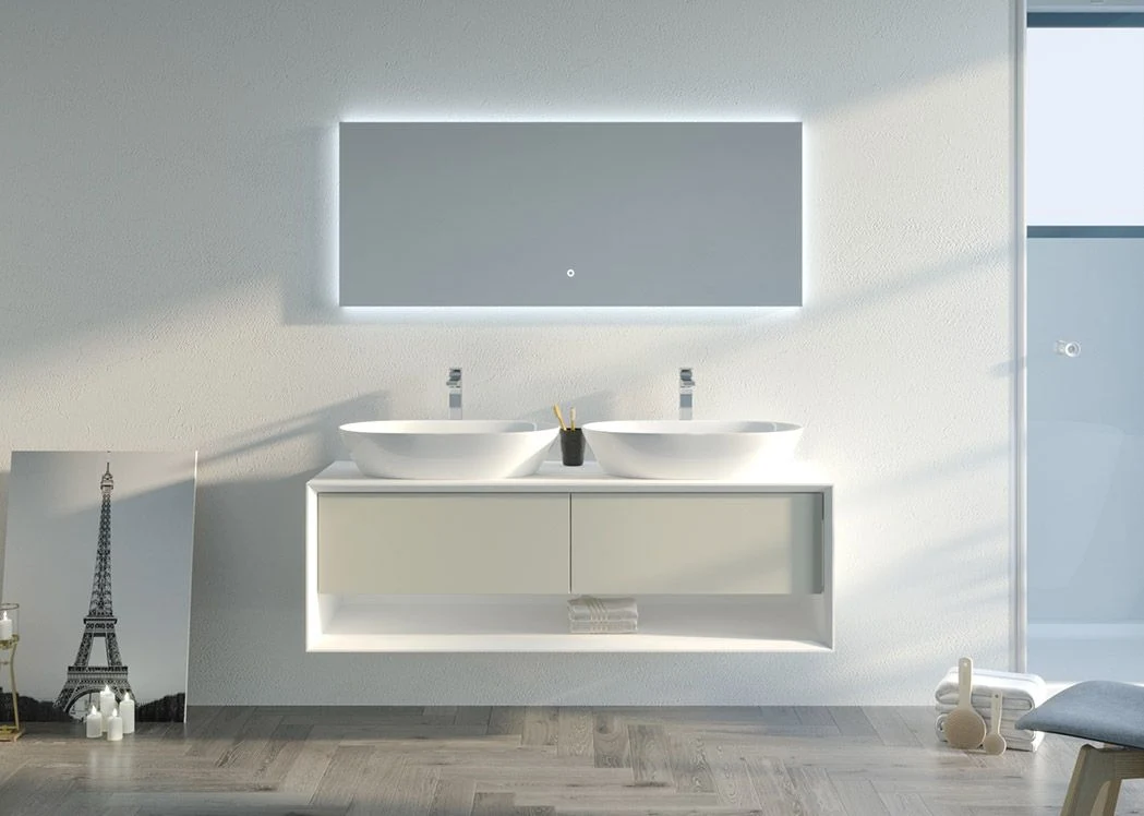 Wall Hung 1400mm Pebble Beige and White Bathroom Cabinet