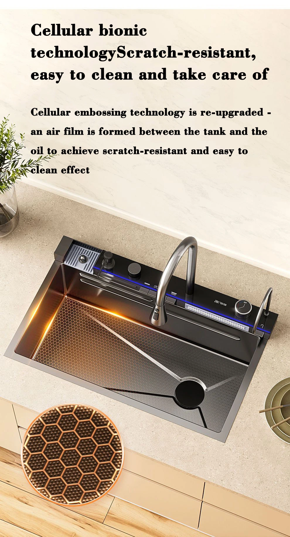 Luxury Modern Stainless Steel Smart Nano Handmade Kitchen Sink with Multifunction Waterfall Faucet
