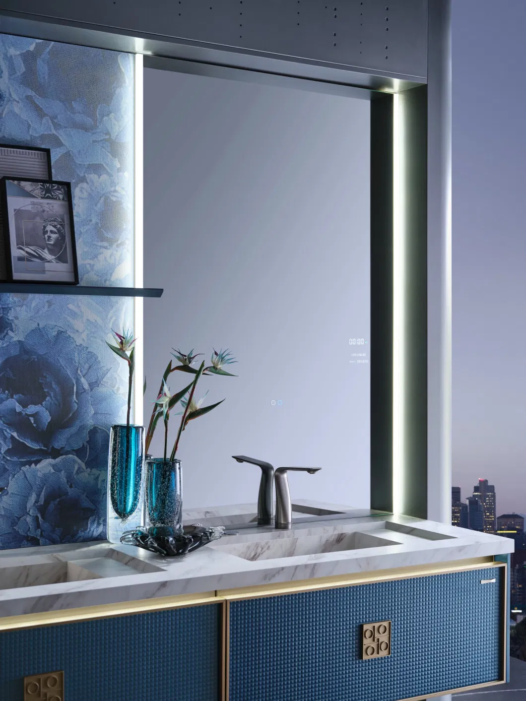 Rendered Blue Wall Mounted Modern Floating Sturdiness Wash Basin Aluminium Bathroom Wooden Vanity Ceramic Cabinet with Smart Touch Light LED Mirror