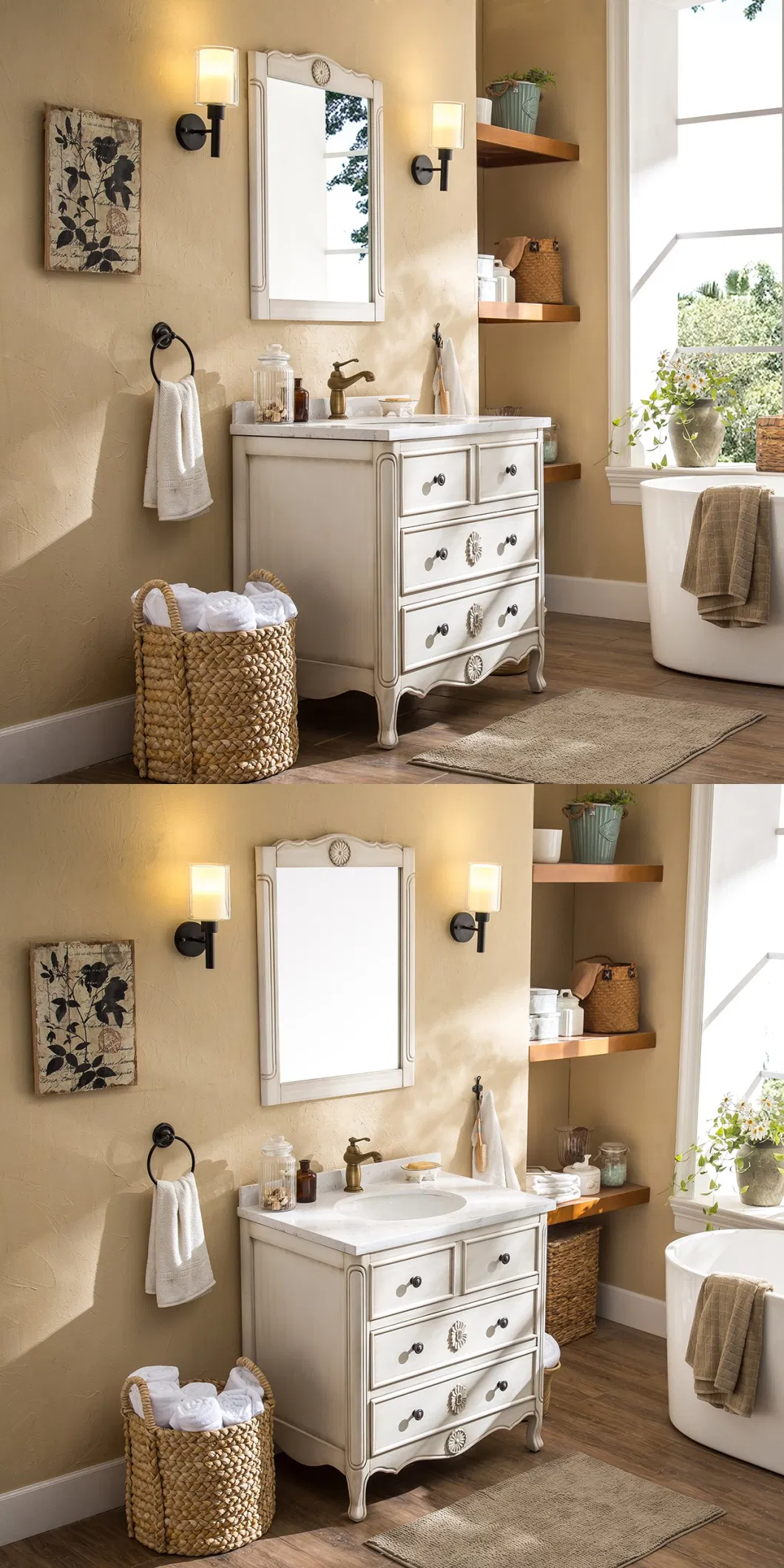 American Style Bathroom Cabinet with Mirror Floor-Standing Solid Wood Bathroom Vanity Antique Washbasin Bathroom Vanities