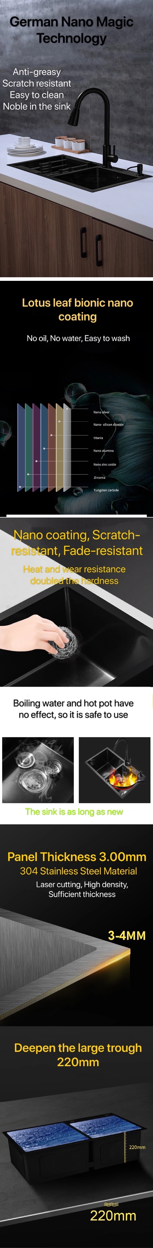 Factory Low Price Nano 304 Stainless Steel Black Kitchen Handmade Sink Double Trough Thickened Vegetable Washing Basin Large