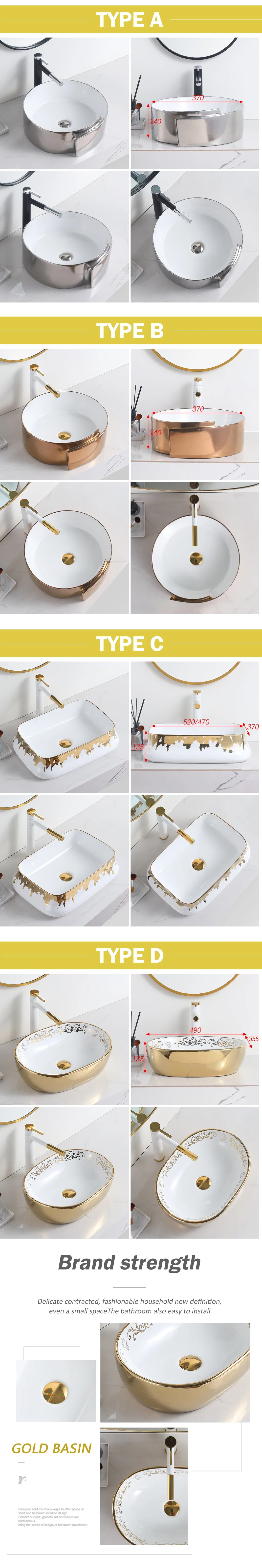 Luxury Ceramic Oval Wastafel Bathroom Vanities Countertop Sanitary Ware Gold Wash Basin Sinks