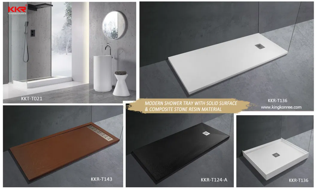 Kkr Factory Price Bathroom Solid Surface Shower Base Pure Sectored Poly Marble Shower Trays