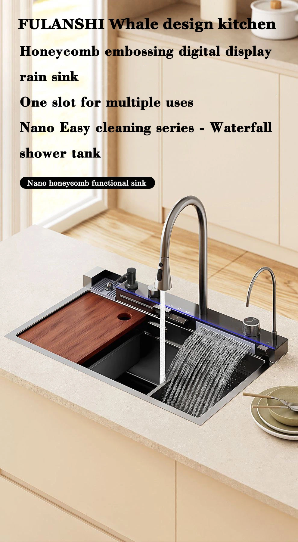 Luxury Modern Stainless Steel Smart Nano Handmade Kitchen Sink with Multifunction Waterfall Faucet