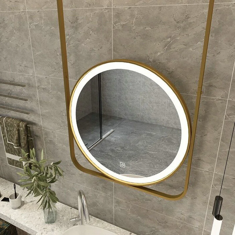 Hotel Hoisting Bathroom Mirror Wash Table Makeup Mirror Round Bathroom Suspended Stainless Steel Metal Frame LED Mirror
