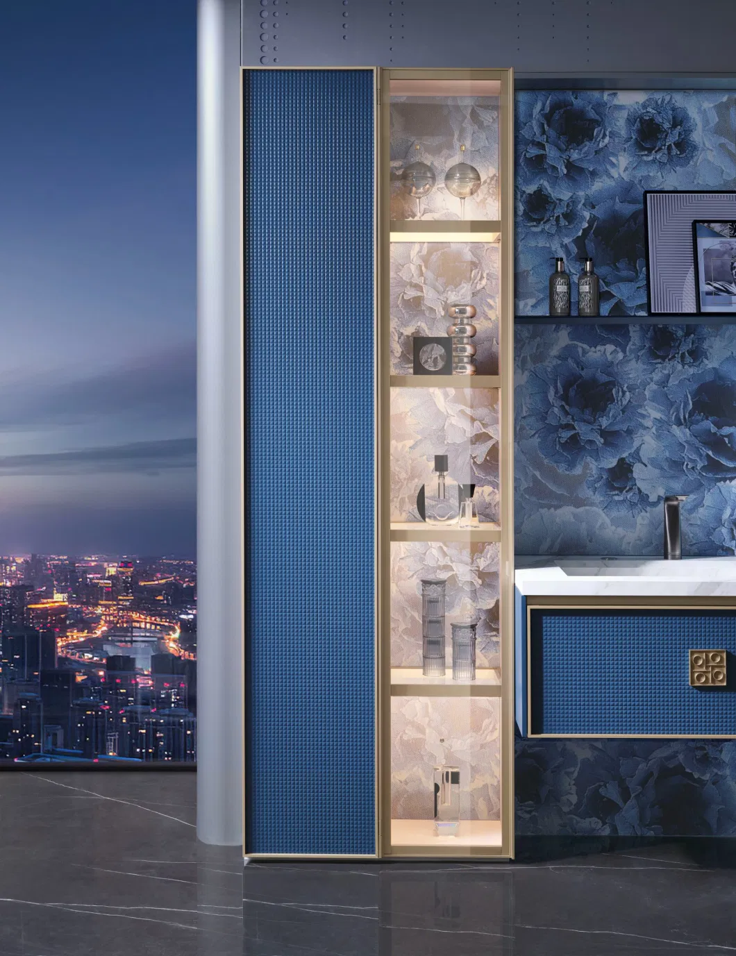 Rendered Blue Wall Mounted Modern Floating Sturdiness Wash Basin Aluminium Bathroom Wooden Vanity Ceramic Cabinet with Smart Touch Light LED Mirror