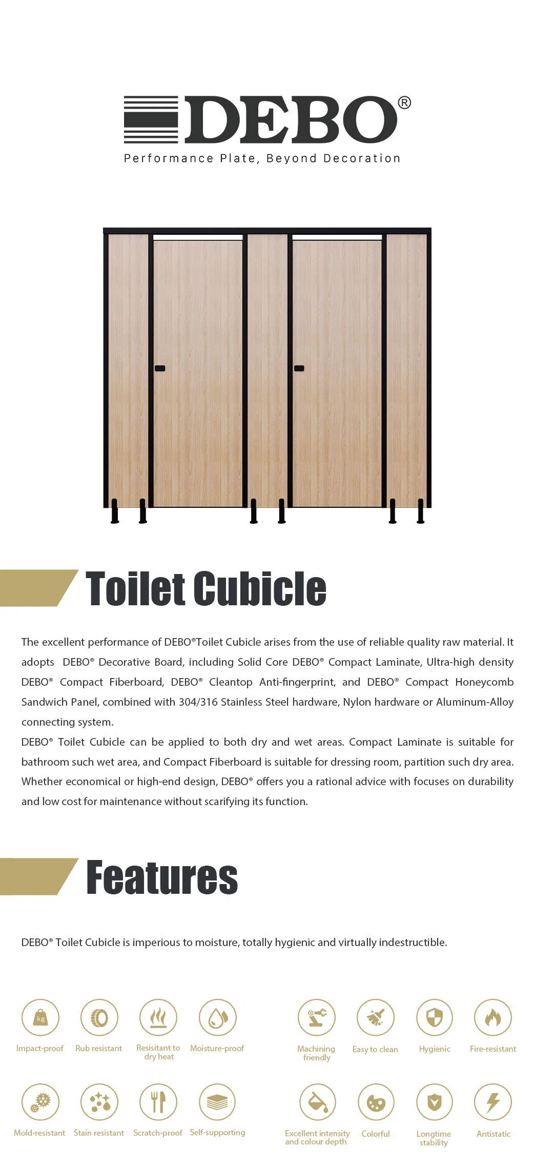 Commercial Debo 18mm Thickness Anti-Bacterial HPL Compact Laminate Toilet Partition Wall for High School