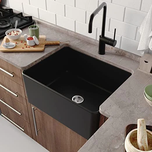 China Wholesale Marble 24&quot;L X 18&quot;W Farmhouse Sink with Bottom Grid and Strainer, Apron Sink Single Bowl Sink, Black Small Kitchens Sinks