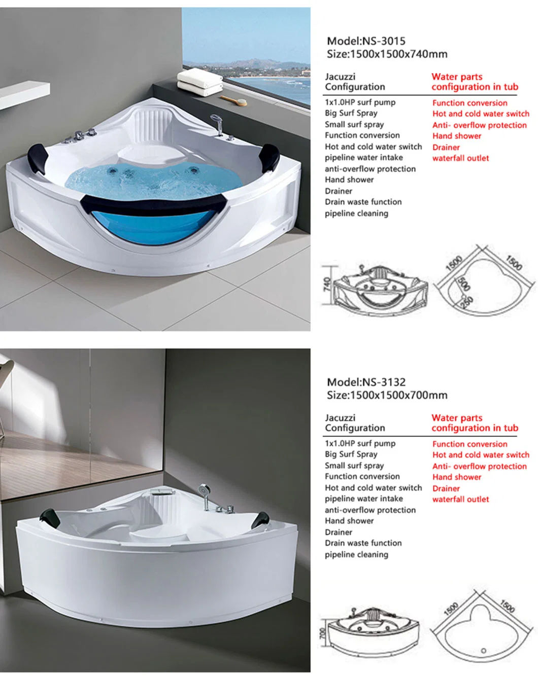 Multifunctional SPA Acrylic Bath Tub 2 People Massage Glass Whirlpool Massage Corner Bathtub