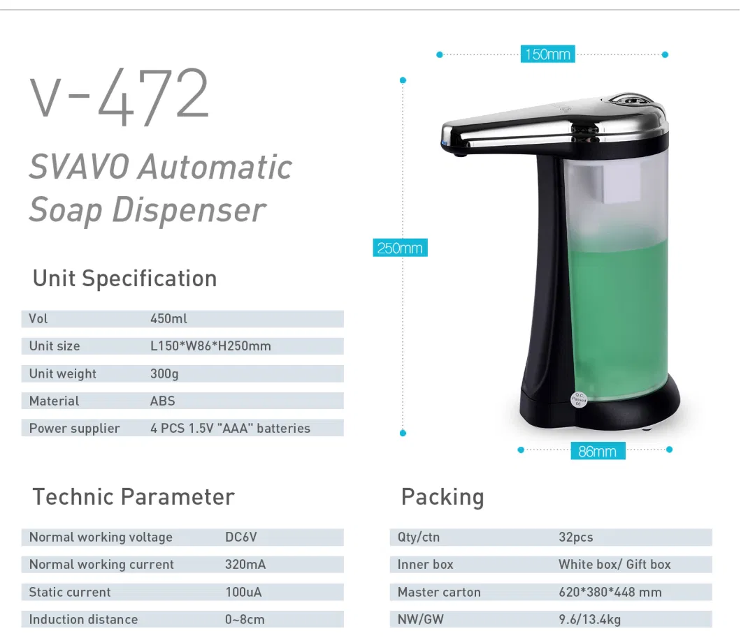 High Quality Bathroom Kitchen Sink Tabletop Touchless Soap Dispenser 450ml Wall Mounted Automatic Liquid Soap Dispenser
