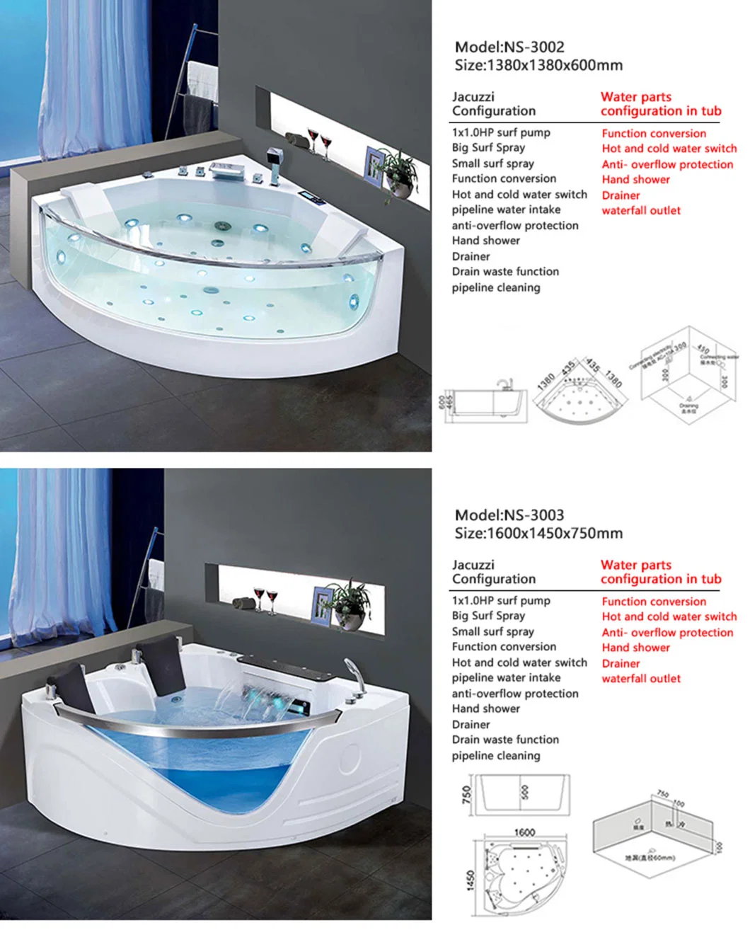 Multifunctional SPA Acrylic Bath Tub 2 People Massage Glass Whirlpool Massage Corner Bathtub