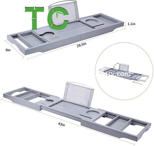 Grey Bathtub Caddy Tray, Bamboo Bathtub Tray with Tablet and Wine Holder, Extendable Sides Bath Organizer, Free Soap Dish