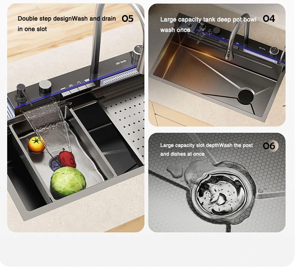 Luxury Modern Stainless Steel Smart Nano Handmade Kitchen Sink with Multifunction Waterfall Faucet