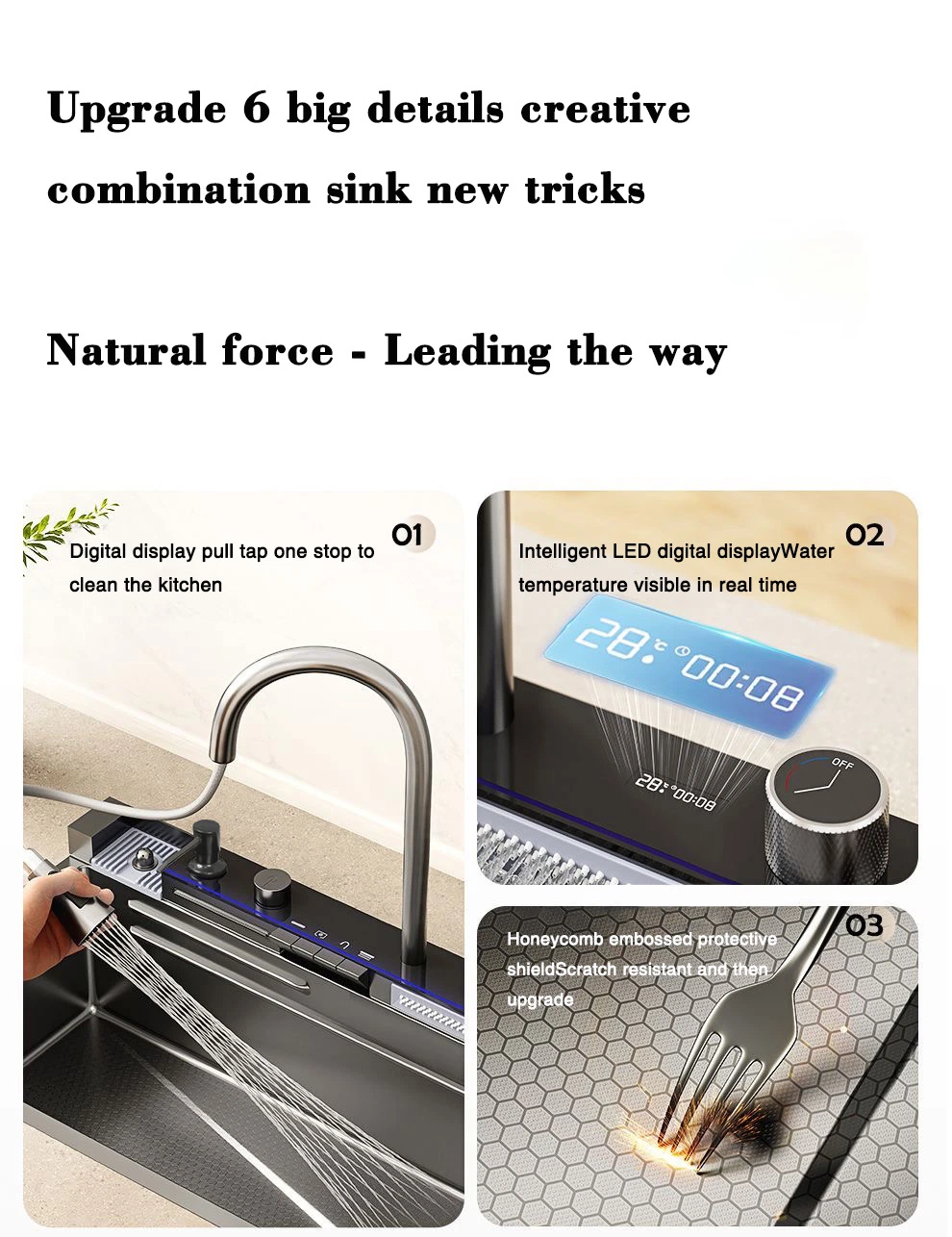 Luxury Modern Stainless Steel Smart Nano Handmade Kitchen Sink with Multifunction Waterfall Faucet