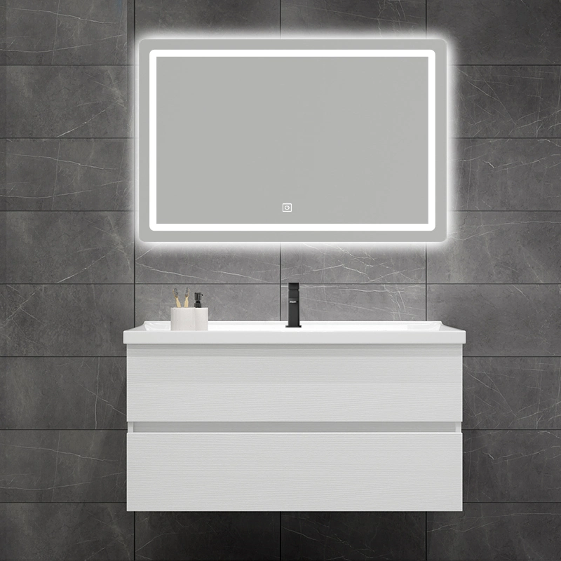Modern Wall Mounted Melamine Plywood Wall Mounted Bathroom Vanity with Mirror Cabinet and Rock Plate Top in White