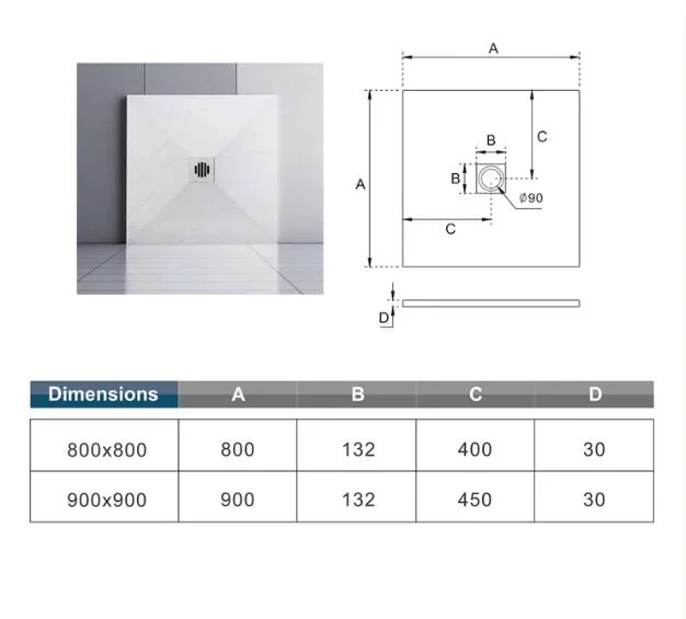 Stone Resin Shower Base Shower Tray 80*80*4cm White Shower Plate in Marble Resin Mixed Effect Slate Rough Pile and Pipe Included