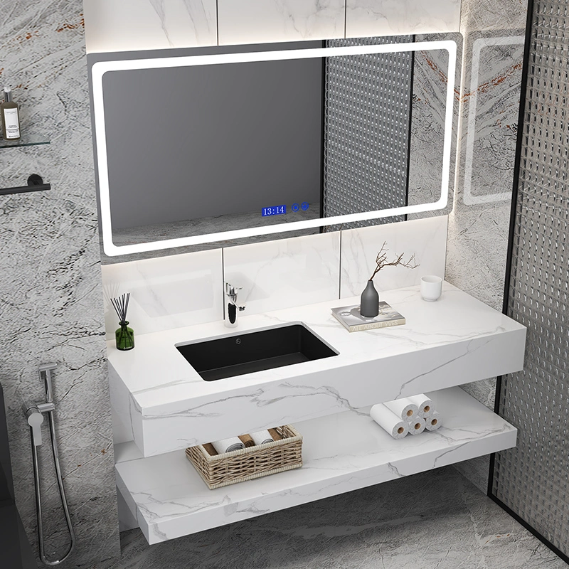 1000mm Width Luxury Modern Design LED Backlit Mirror Sintered Stone Top Ceramic Wash Basin Wooden Bathroom Vanity Furniture Cabinet