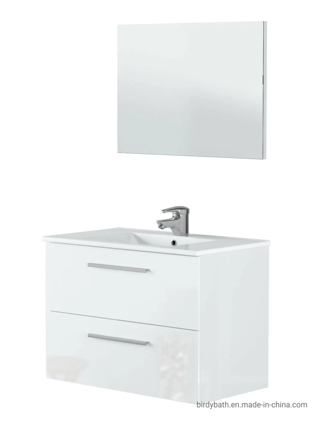 Suspended 2 Drawers White Lacquered Bathroom Cabinet with Mirror