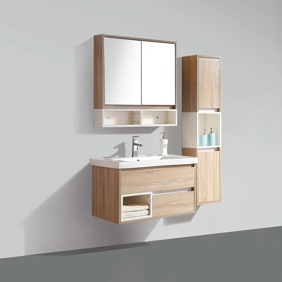 Latest Design Wall Mounted Single Sink Ceramic Basin Plywood Mirror Cabinet Bathroom Furniture Wood Storage Cabinet