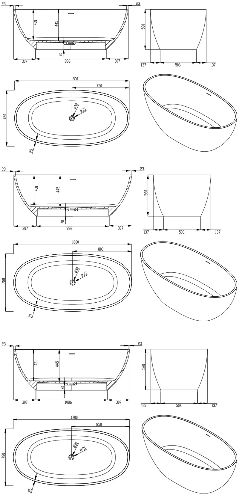 High Quality Artificial Stone Bathroom Bathtubs Furniture White Round Acrylic Bath Tubs