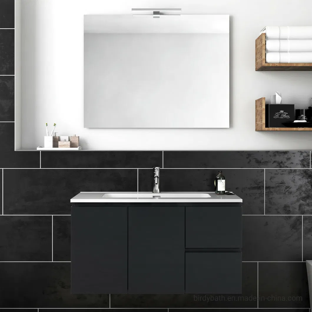 100 Cm Glossy Grey Modern Suspended Bathroom Cabinet with Sink and Mirror
