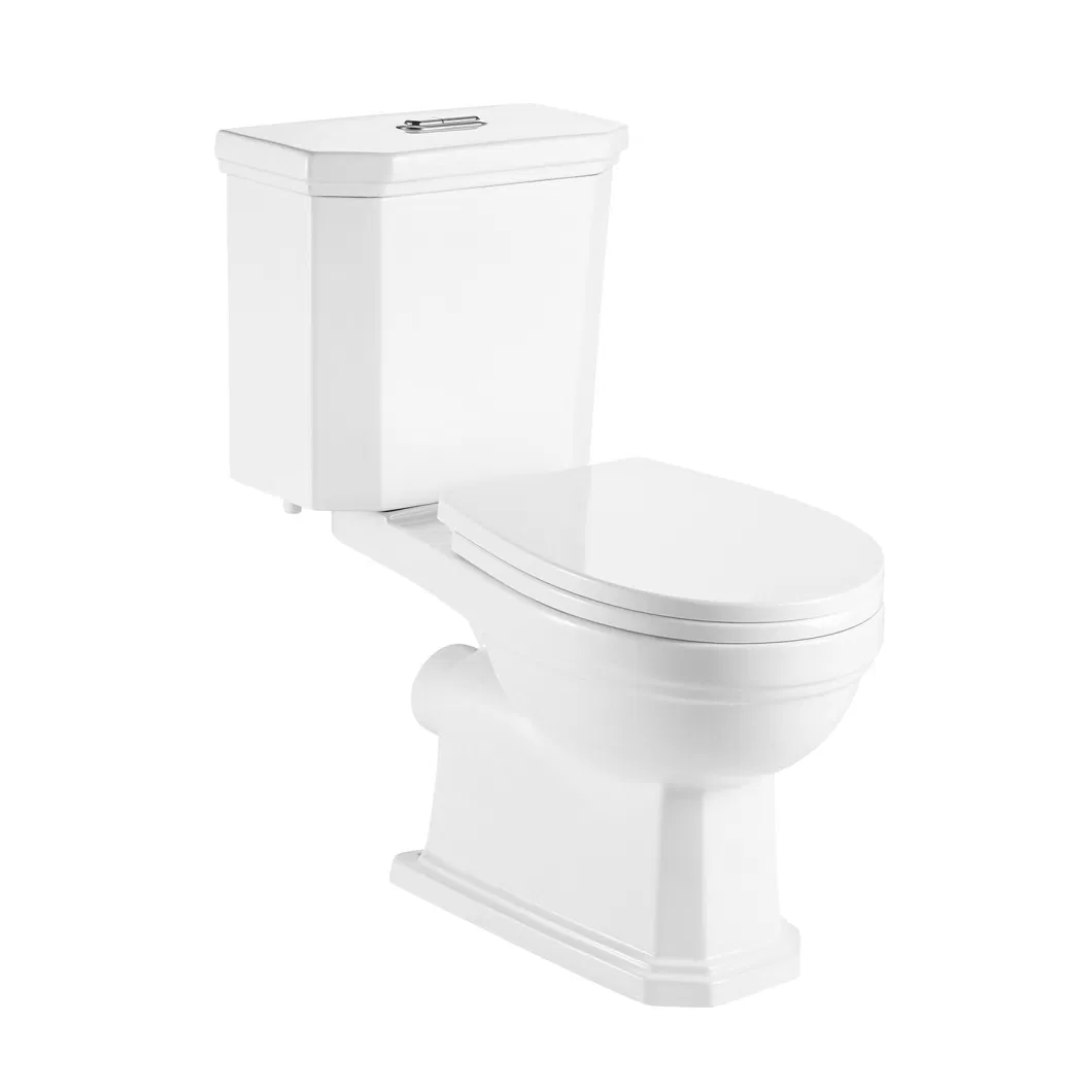 Wc Bathroom Cloakroom Glassy White Elongated Bowl Ceramic Vitreous China Corner Floor-Standing Two Piece Toilet Furniture with Water Tank and Seat