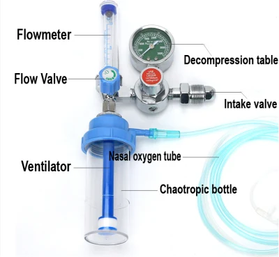 One gauge type high oxygen flow oxygen regulator with humidifier sets