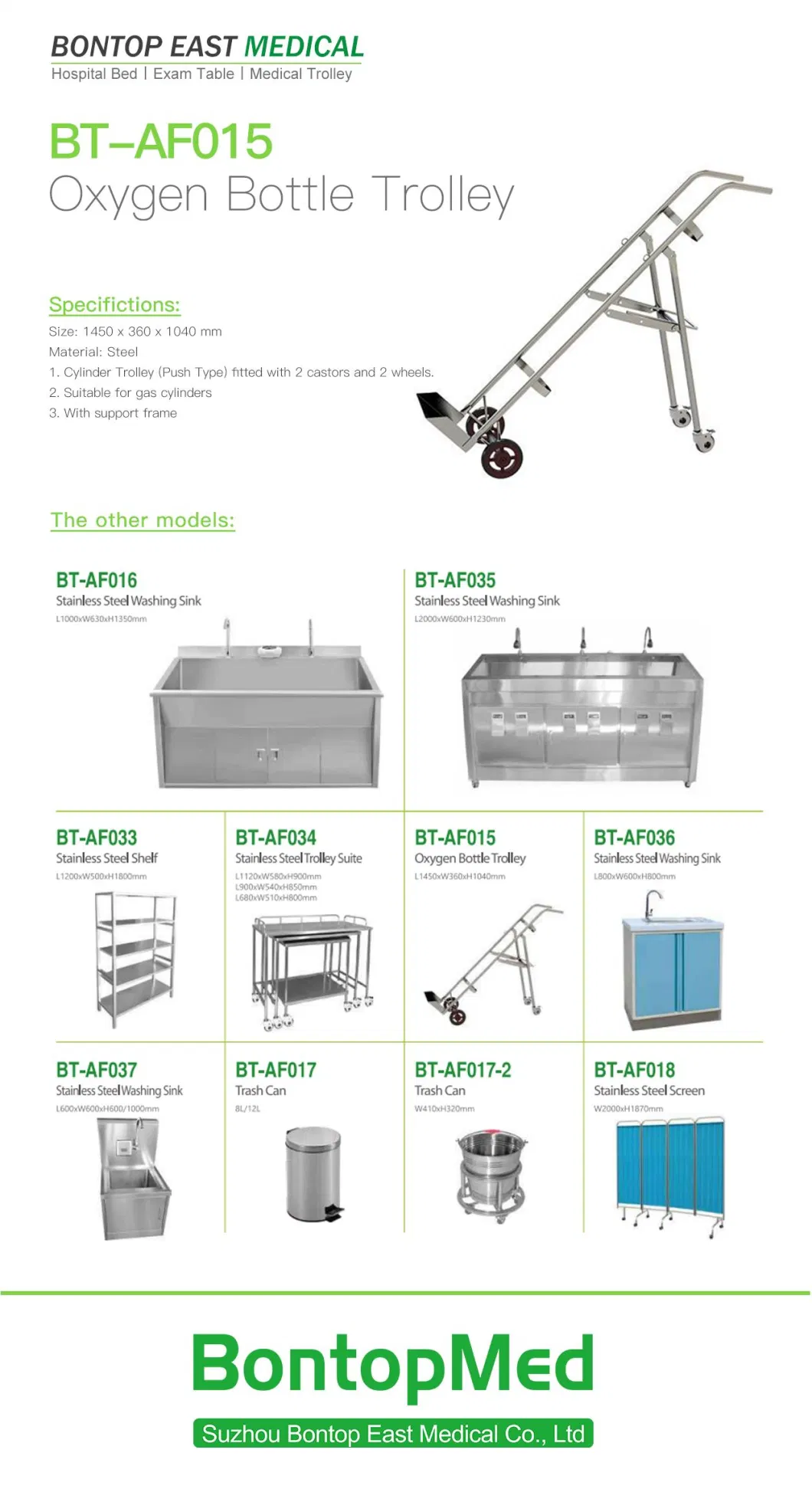 Manufacturer Hospital Medical Stainless Steel Push Type Cylinder Acetylene and Oxygen Hand Tool Trolley Oxygen Bottle Trolley