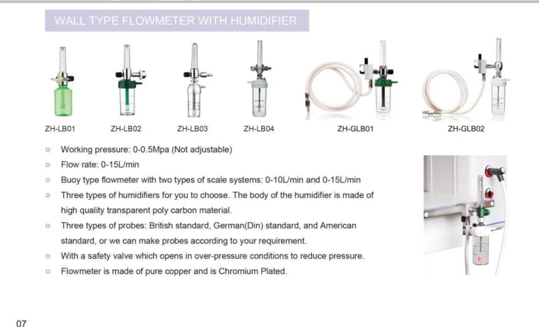 Hospital Wall Mounted Double Medical Oxygen Flowmeter with Humidifier and Bottle