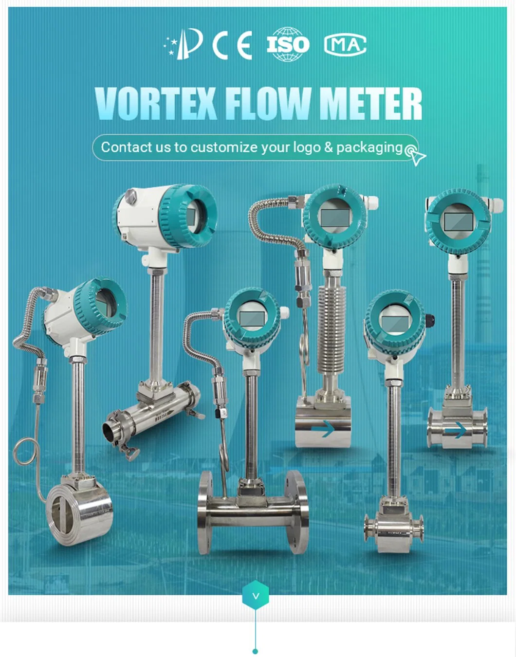 Compressed Air Oxygen Gas Industrial Steam Vortex Flowmeter