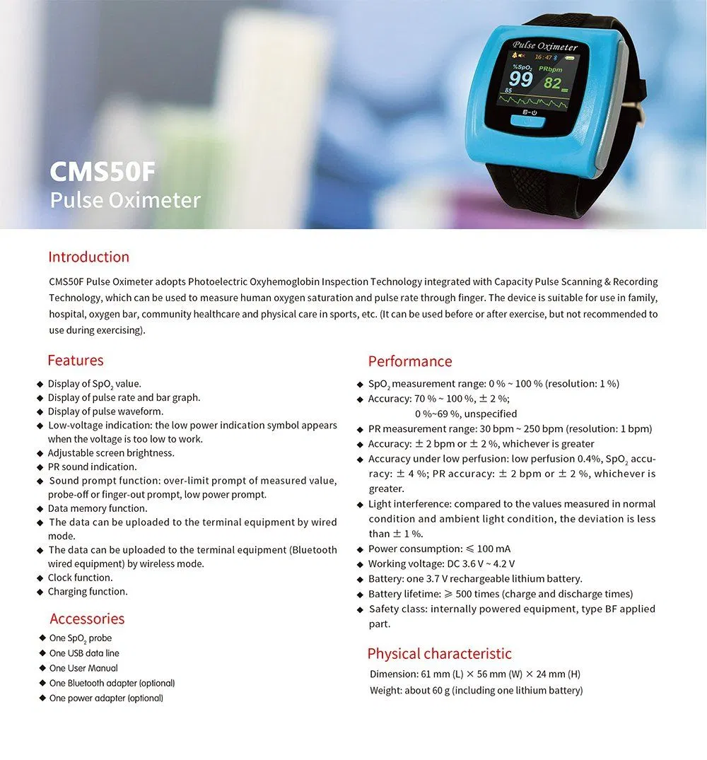 Contec Cms50f CE/FDA Telemedicine Touch Screen SpO2 Monitor Wrist Pulse Oximeter