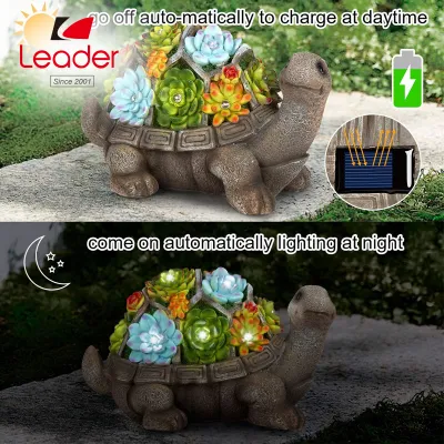 Resin Turtle Garden Figurines Outdoor Decor, All-Weather Resin Succulent Plants with 7 LEDs Outdoor Solar Statues