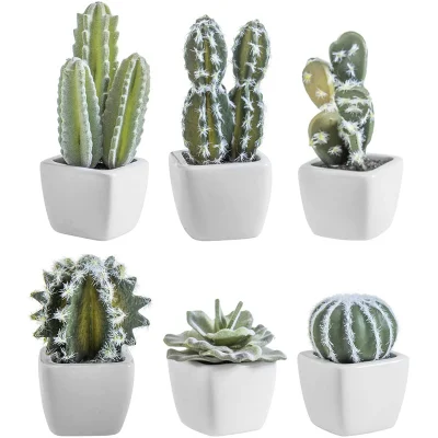  Artificial Mini Succulent &amp; Cactus Plants in White Cube-Shaped Pots for Home Decor, Set of 6