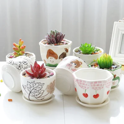 Succulent Pots, Ceramic Planters for Indoor Plants, Boho Original Design Flower Pots with Drainage Hole, Ceramic Tray. Stylish Plant Pots for Succulents