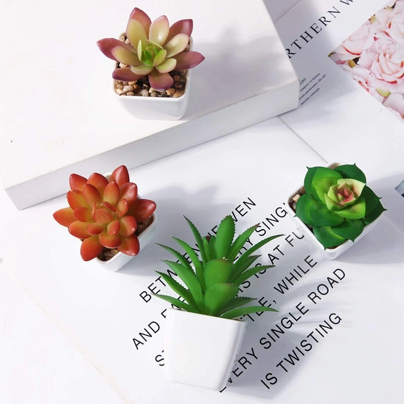 Artificial Succulent Plants, Set of 4 Small Fake Plants Mini Potted Succulent Plants with White Ceramic Pots