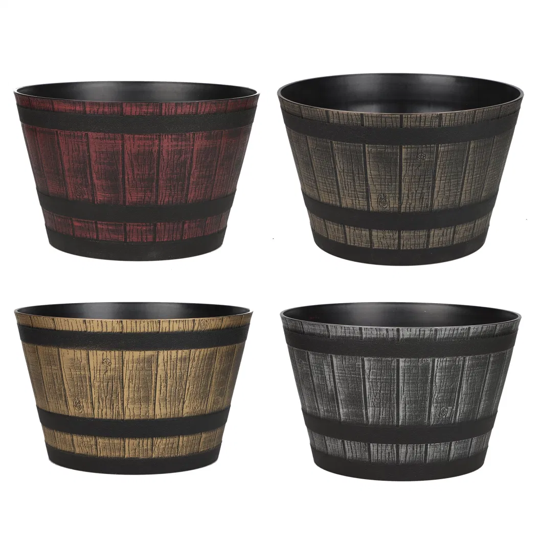 2023 Novelty 13/15/17/20 Inch Plastic Garden Resin Whiskey Barrel Pots Resin Wood Style Planters High Quality Wooden Planter Classical Round Black Plastic Plant