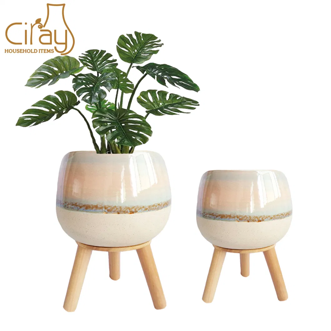 6.5 Inch &amp; 8 Inch Creative Planter Pot with Wood Leg for Home Garden Decoration