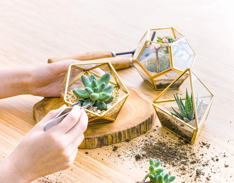 Office Decor for Desk, 3 Pack Mini Glass Geometric Terrarium with Artificial Succulent, Miniature Potted Faux Plant Bookshelf Boho Room Decor