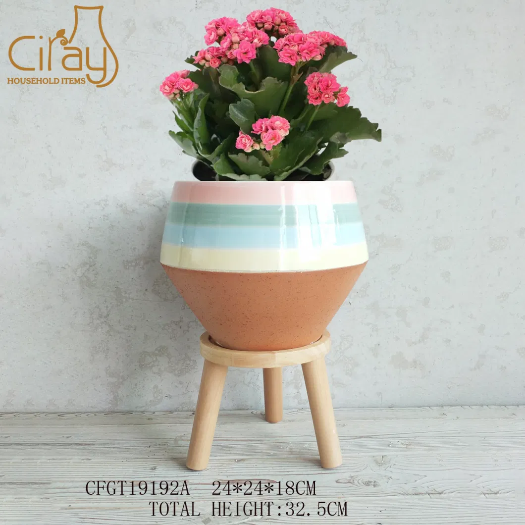 6.5 Inch &amp; 8 Inch Creative Planter Pot with Wood Leg for Home Garden Decoration