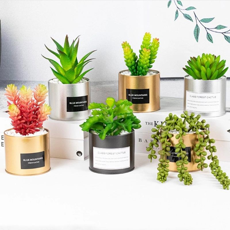 Mini Artificial Plastic Succulent with Special Golden Can Pot Design