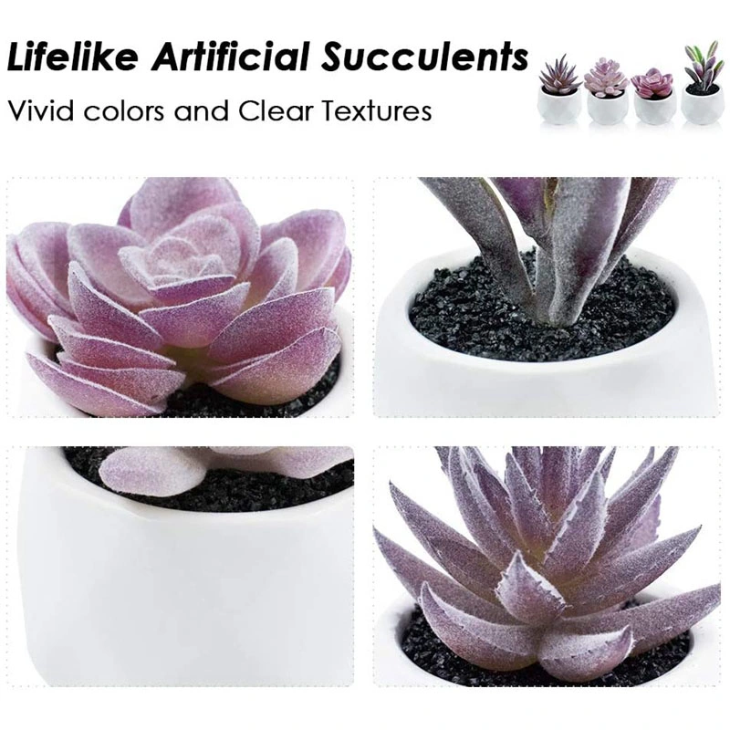 4 Pieces Faux Succulents in White Ceramic Pots Artificial Succulents Set Artificial Flocked Succulents for Desk, Office, Living Room and Home Decoration