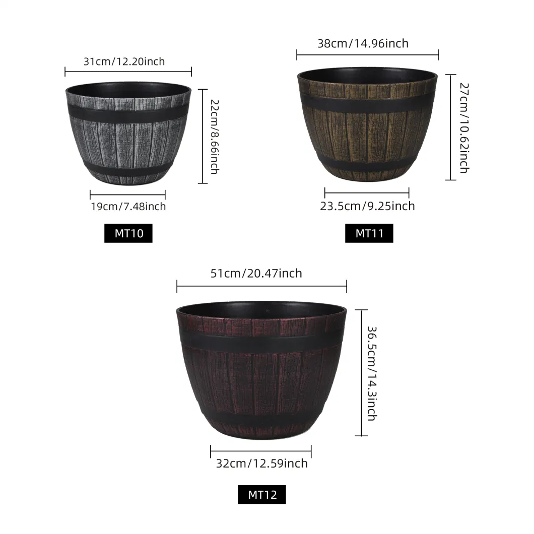 Outdoor Indoor Balcony Faux Wood Planters Garden Decor Round Plant Flowerpot Plastic Planter Pot Wine Barrel Design (MT-230)