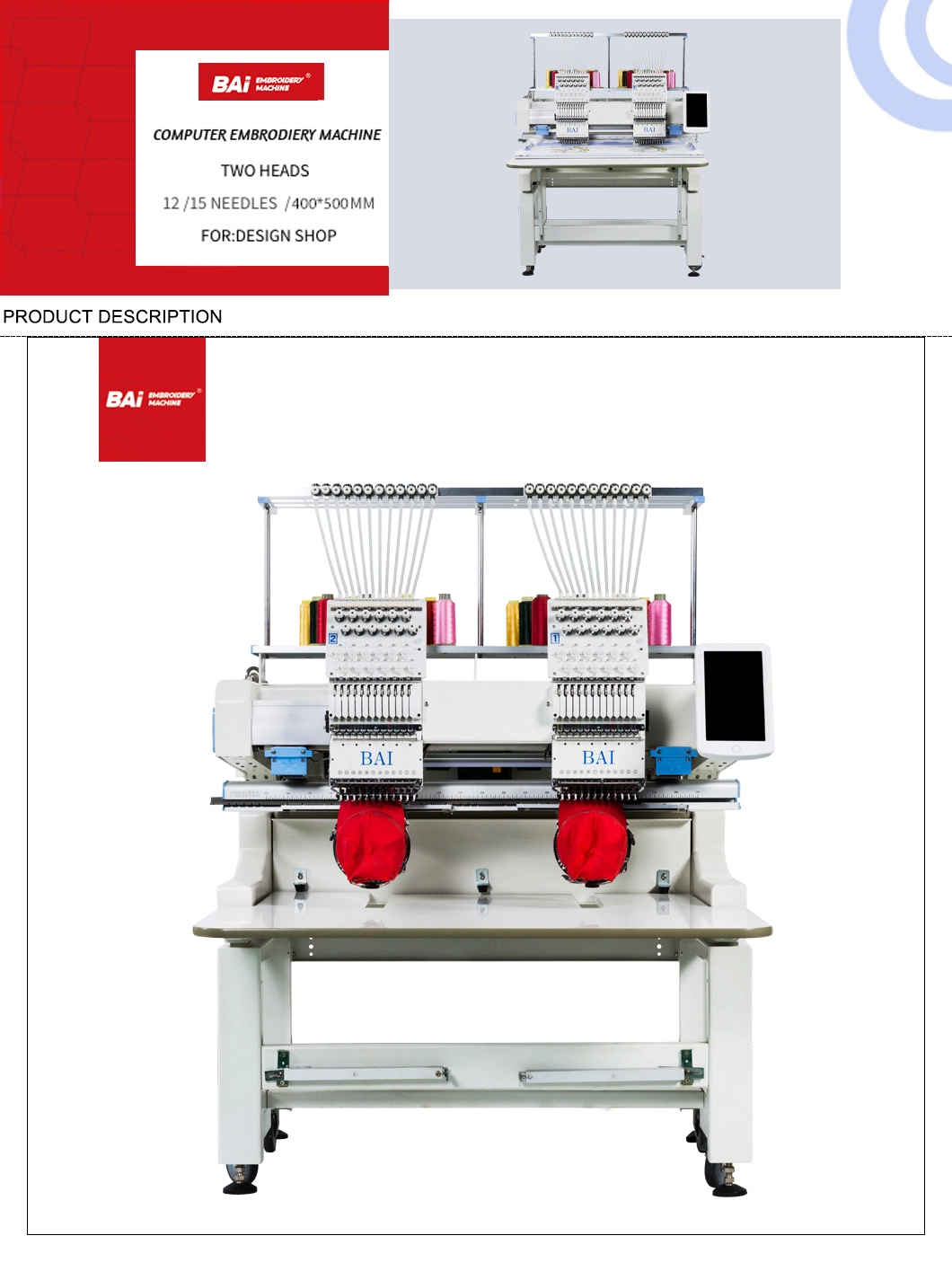 Bai Chain Stitch High Speed 2 Head Multiple Styles Embroidery Machine for Textile Factory