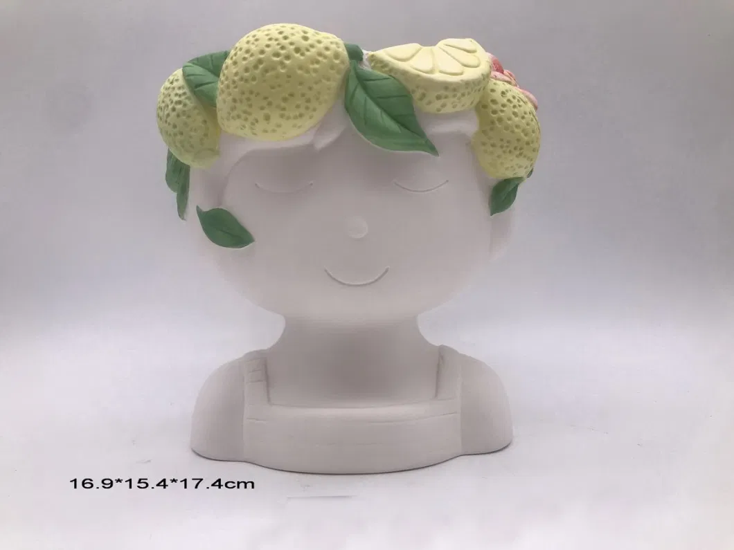 Hands Made Ceramic Girl Head Statue Pot Fruit Garland Pot for Flower and Plant and Succulent Arrangement Table Decoraton Planter Pot Gift