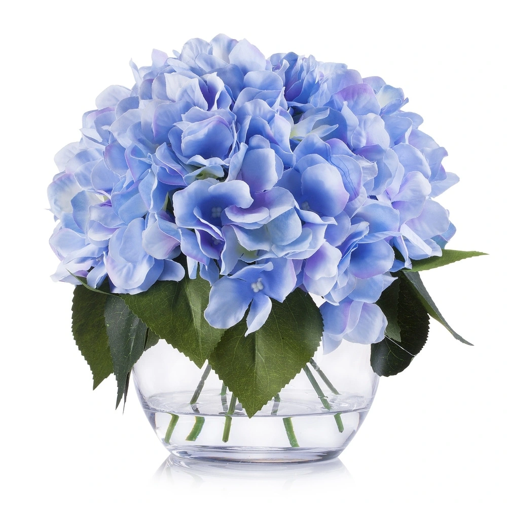 Wedding Decor Blue Artificial Silk Hydrangea Fake Flowers Arrangement in Clear White Vase