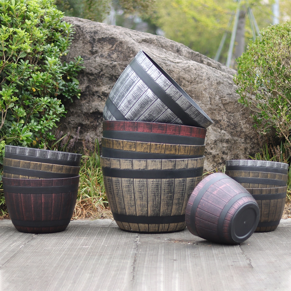 Outdoor Indoor Balcony Faux Wood Planters Garden Decor Round Plant Flowerpot Plastic Planter Pot Wine Barrel Design (MT-230)