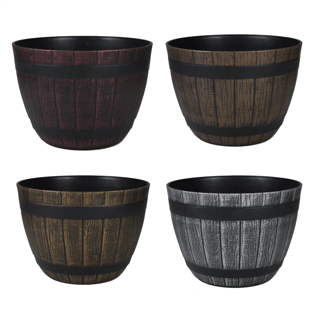 2023 Novelty 13/15/17/20 Inch Plastic Garden Resin Whiskey Barrel Pots Resin Wood Style Planters High Quality Wooden Planter Classical Round Black Plastic Plant