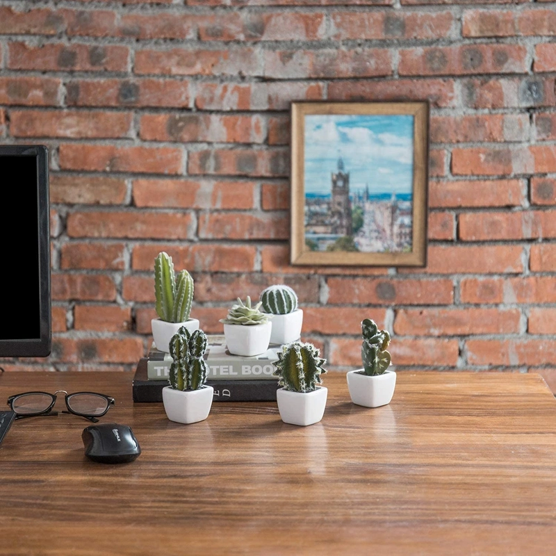 Artificial Mini Succulent &amp; Cactus Plants in White Cube-Shaped Pots for Home Decor, Set of 6